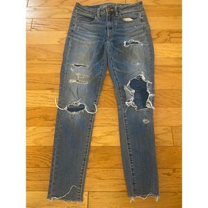 American Eagle super stretch Hi - rise legging distressed frayed hem jeans sz 2